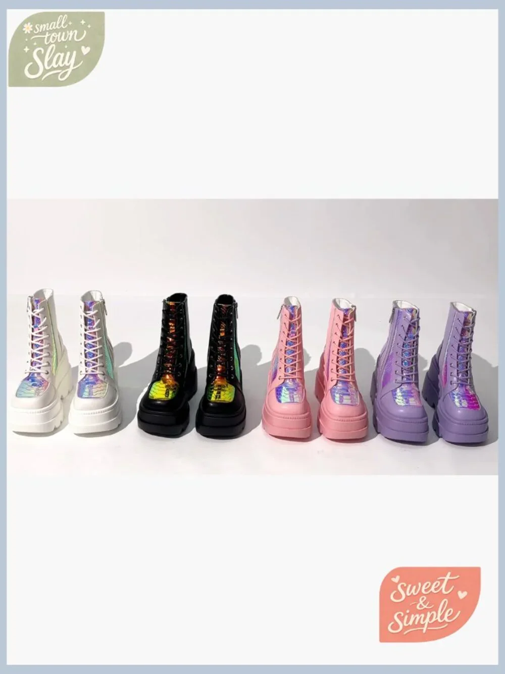 Holographic Platform Ankle Boots Chunky Heel Lace Up Zipper - Picture 7 of 7